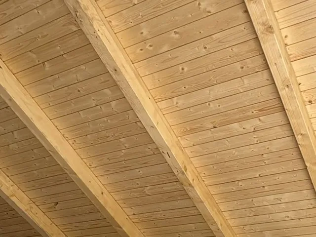 Panel sandwich madera con friso de abeto natural en interior de cubierta con vigas vistas